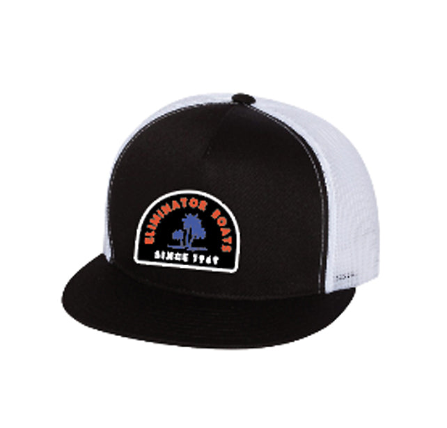Eliminator Boats Chasin Sunsets Flat Bill Snapback Hat - Black/White/Neon Orange/Blue
