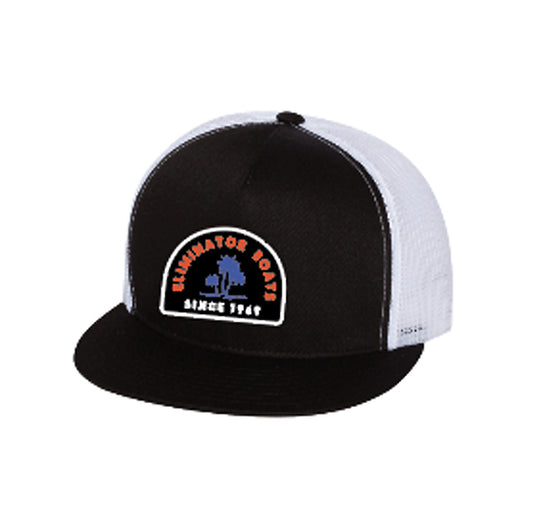 Eliminator Boats Chasin Sunsets Flat Bill Snapback Hat - Black/White/Neon Orange/Blue