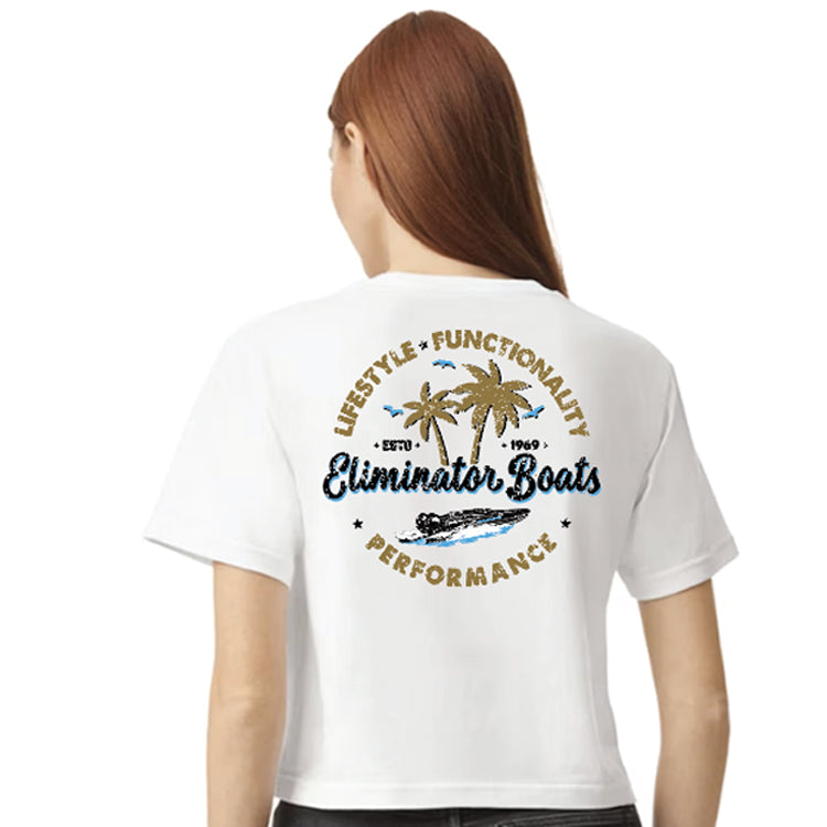 Eliminator Boats Palm Paradise Women's Crop Tee - White