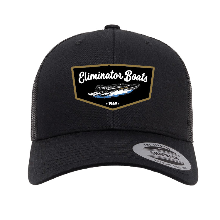 Vintage Script Patch Trucker Snapback Hat - Black