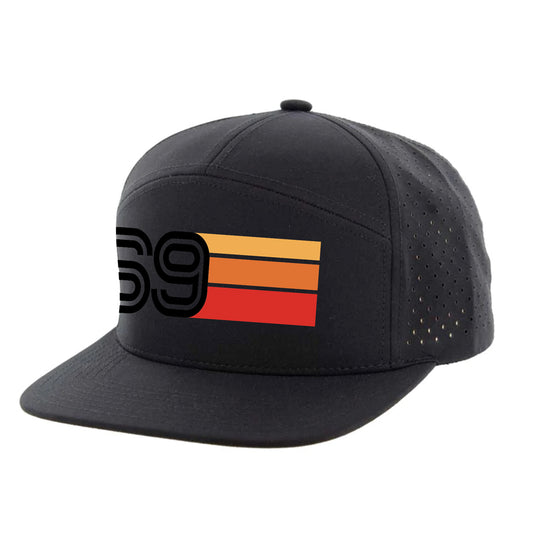 Eliminator Boats 69 Vibes Hydro Performance Snapback Flat Bill Trucker Hat - Black/Red/Orange/Yellow