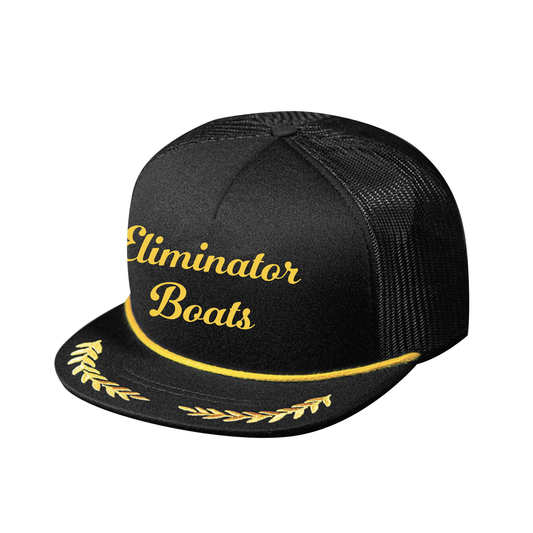 Eliminator Boats Captain Flat Bill Mesh Snapback Hat- Black/Gold